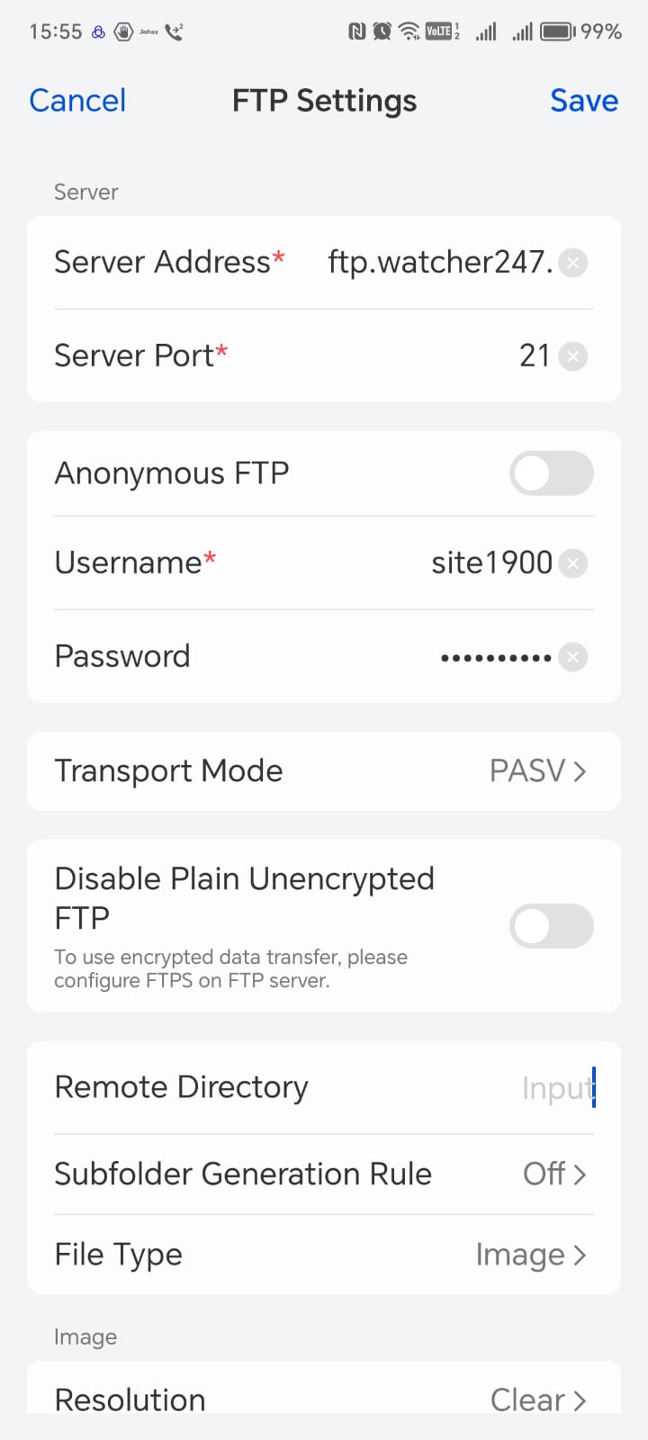 Reolink FTP settings mobile app